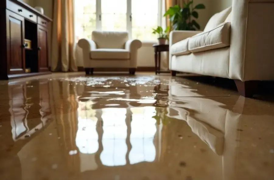 Water spread across a living room floor before extraction