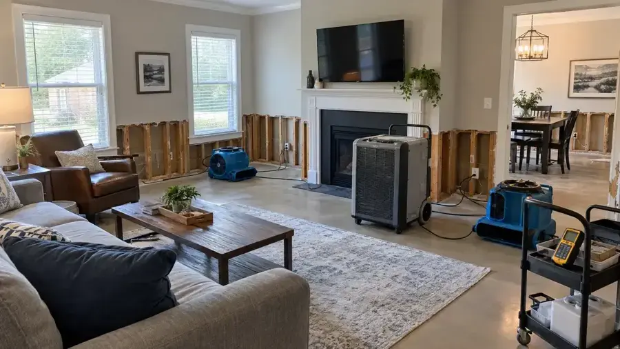 Living room under structural drying with air movers and a dehumidifier after a flood cut in Little Elm, TX